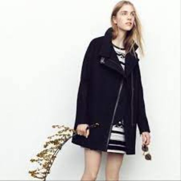 Madewell Black Wool Blend City Grid Cocoon Coat Leather Trim Size 4 - Picture 2 of 13